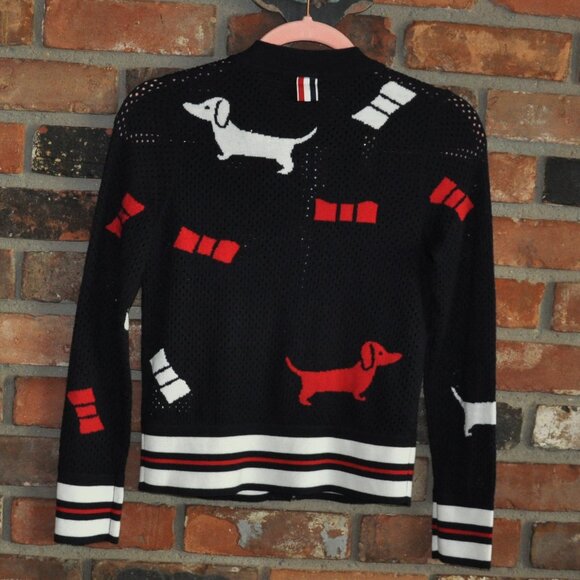 THOM BROWNE Pointelle Hector Bow Navy Wool Cardigan Intarsia-knit Sweater S - Picture 3 of 16